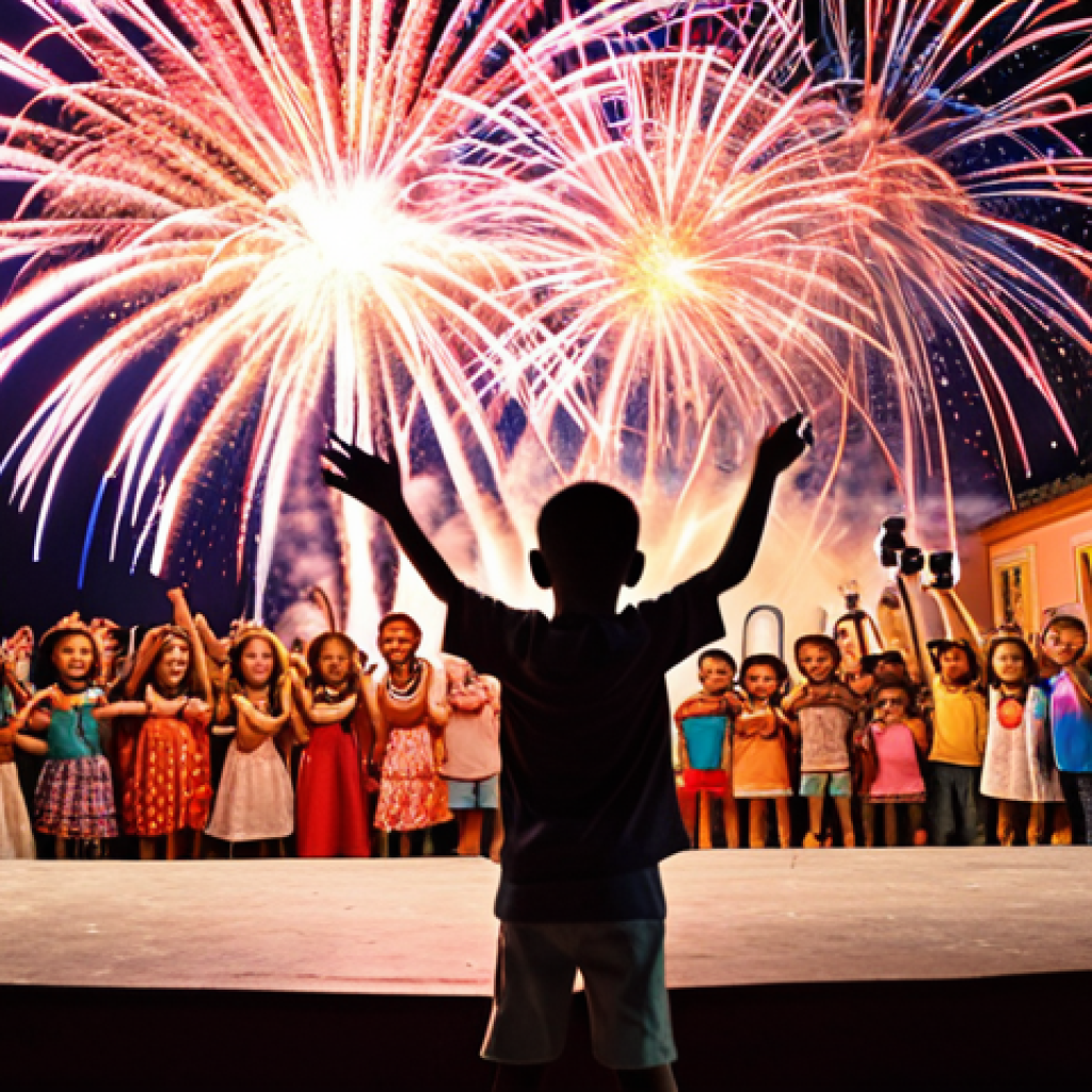 **
> Tayo and his friends (Rogi, Lani, Gani) performing a lively musical show on a colorful stage in Brazil, with lots of excited children in the audience singing along in Portuguese. Fireworks are bursting in the background.
**