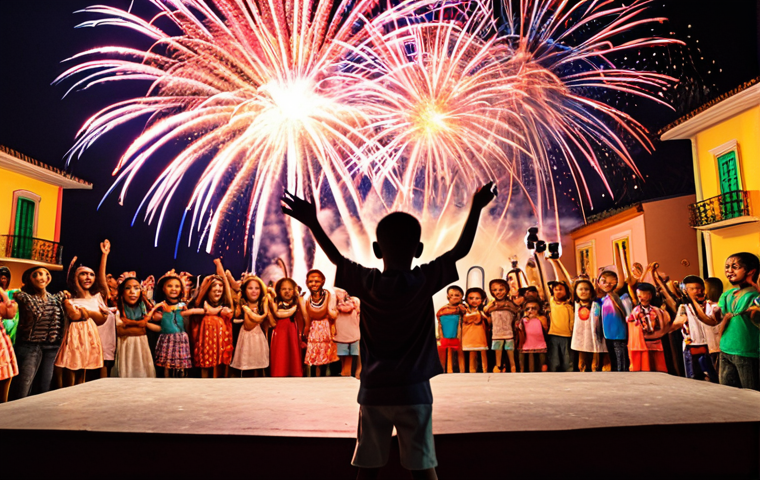 **
> Tayo and his friends (Rogi, Lani, Gani) performing a lively musical show on a colorful stage in Brazil, with lots of excited children in the audience singing along in Portuguese. Fireworks are bursting in the background.
**