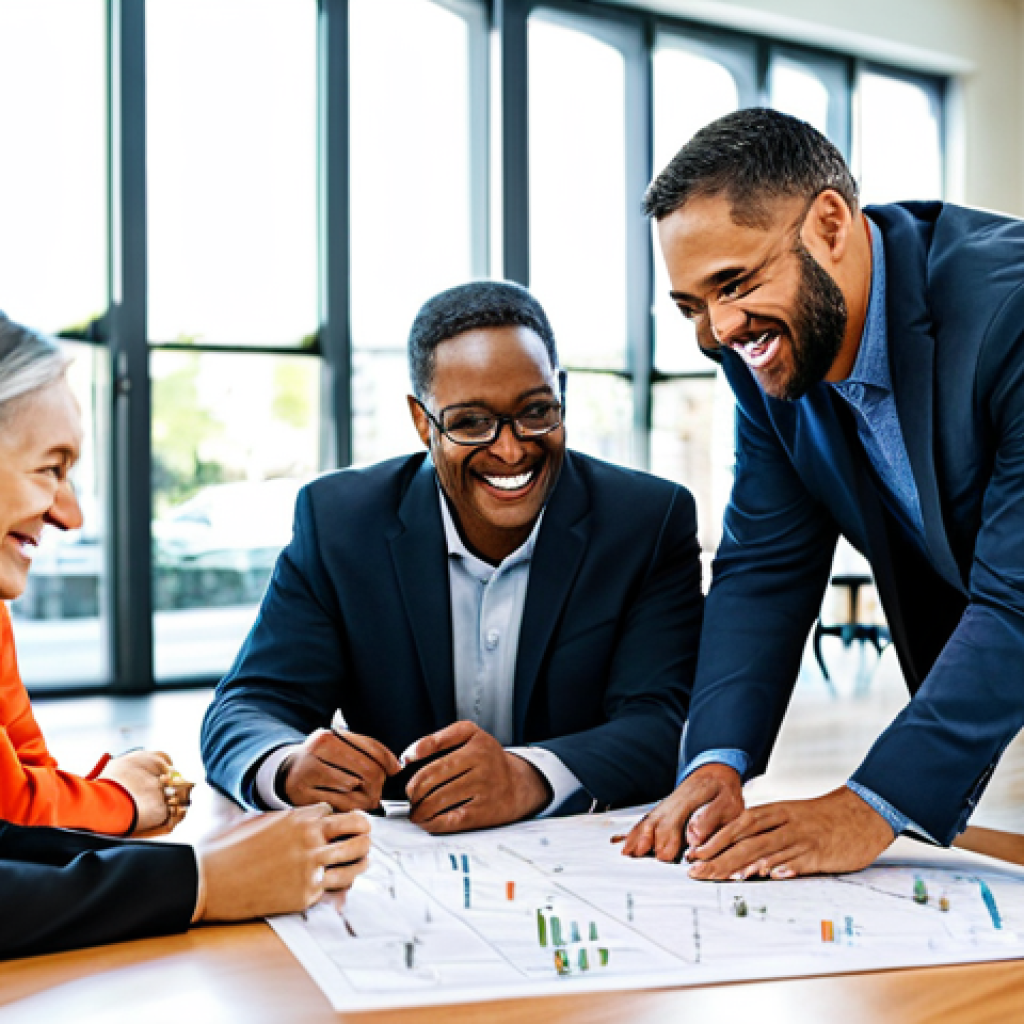 A diverse group of professional individuals, including business leaders and local community members, are fully clothed in modest, appropriate attire, engaging in a collaborative project at a bright, modern community center. They are gathered around a table with plans and diagrams, smiling and discussing ideas, reflecting genuine partnership and shared purpose. The setting is inviting, with natural light. safe for work, appropriate content, fully clothed, family-friendly, perfect anatomy, correct proportions, natural pose, well-formed hands, proper finger count, natural body proportions, professional photography, high quality.