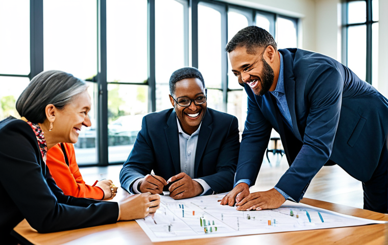 A diverse group of professional individuals, including business leaders and local community members, are fully clothed in modest, appropriate attire, engaging in a collaborative project at a bright, modern community center. They are gathered around a table with plans and diagrams, smiling and discussing ideas, reflecting genuine partnership and shared purpose. The setting is inviting, with natural light. safe for work, appropriate content, fully clothed, family-friendly, perfect anatomy, correct proportions, natural pose, well-formed hands, proper finger count, natural body proportions, professional photography, high quality.