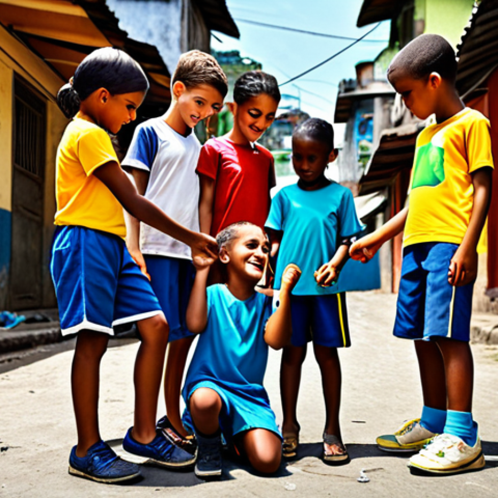 **
"A group of diverse, fully clothed children playing a collaborative game in a vibrant Brazilian favela, demonstrating teamwork and friendship, appropriate attire, safe for work, perfect anatomy, natural proportions, family-friendly, professional illustration, high quality."
**