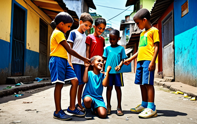 **
"A group of diverse, fully clothed children playing a collaborative game in a vibrant Brazilian favela, demonstrating teamwork and friendship, appropriate attire, safe for work, perfect anatomy, natural proportions, family-friendly, professional illustration, high quality."
**