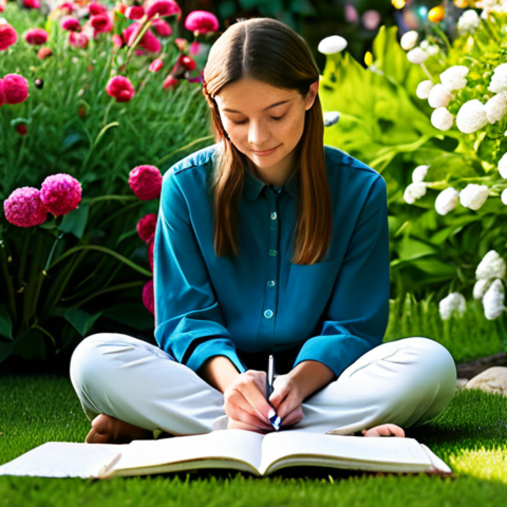 Gratitude & Mindfulness**

"A woman in comfortable, modest clothing, sitting peacefully in a sunlit garden, journaling, surrounded by blooming flowers, focus on well-formed hands holding a pen, perfect anatomy, correct proportions, natural pose, soft lighting, serene atmosphere, fully clothed, safe for work, appropriate content, family-friendly, professional photography, high quality"

**