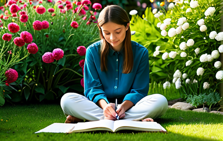 Gratitude & Mindfulness**
"A woman in comfortable, modest clothing, sitting peacefully in a sunlit garden, journaling, surrounded by blooming flowers, focus on well-formed hands holding a pen, perfect anatomy, correct proportions, natural pose, soft lighting, serene atmosphere, fully clothed, safe for work, appropriate content, family-friendly, professional photography, high quality"
**