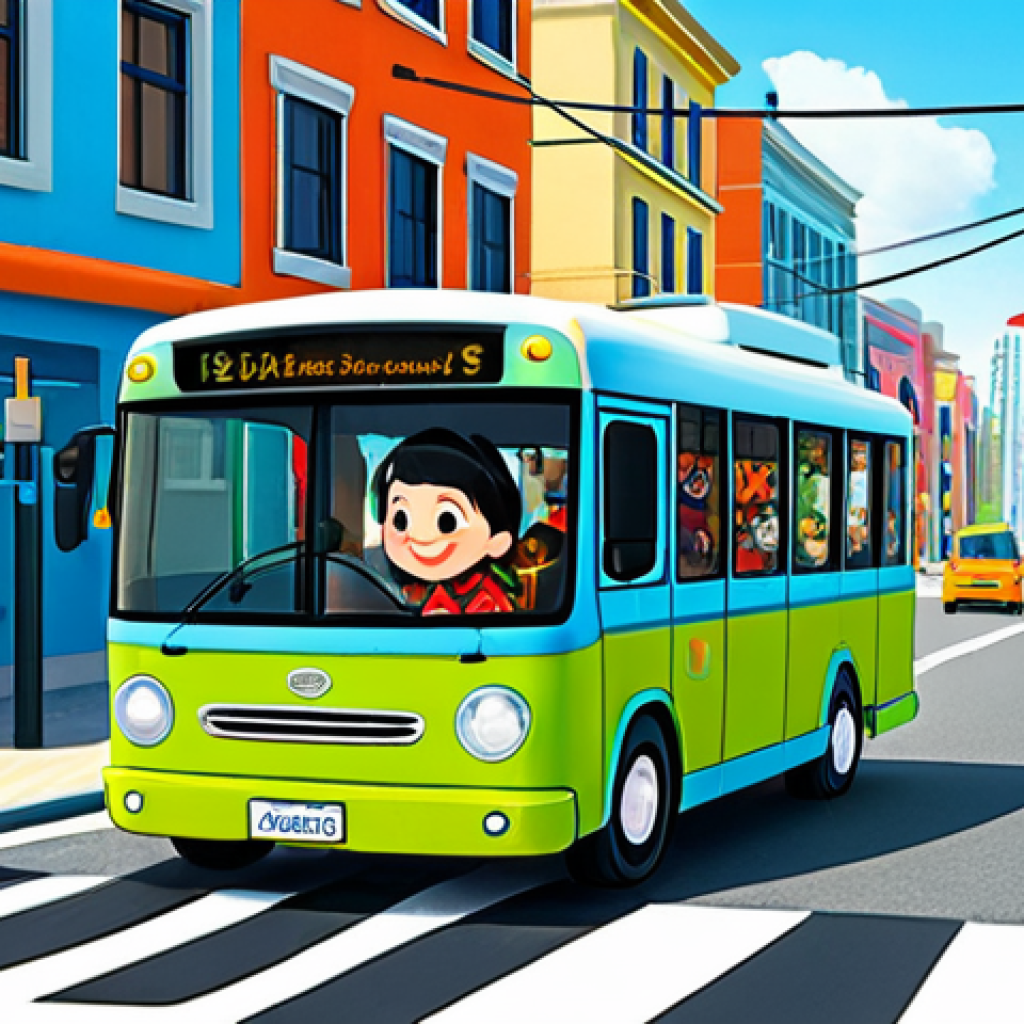 Tayo and Friends in the City**
"Tayo the Little Bus, Rogi, Lani, and Gani driving together through a colorful and whimsical city street, fully clothed, appropriate attire. Background: friendly buildings, pedestrian crossing, sunny day. Style: cheerful, cartoon illustration, vibrant colors, perfect anatomy, well-formed wheels, safe for work, family-friendly, appropriate content, professional illustration."
**