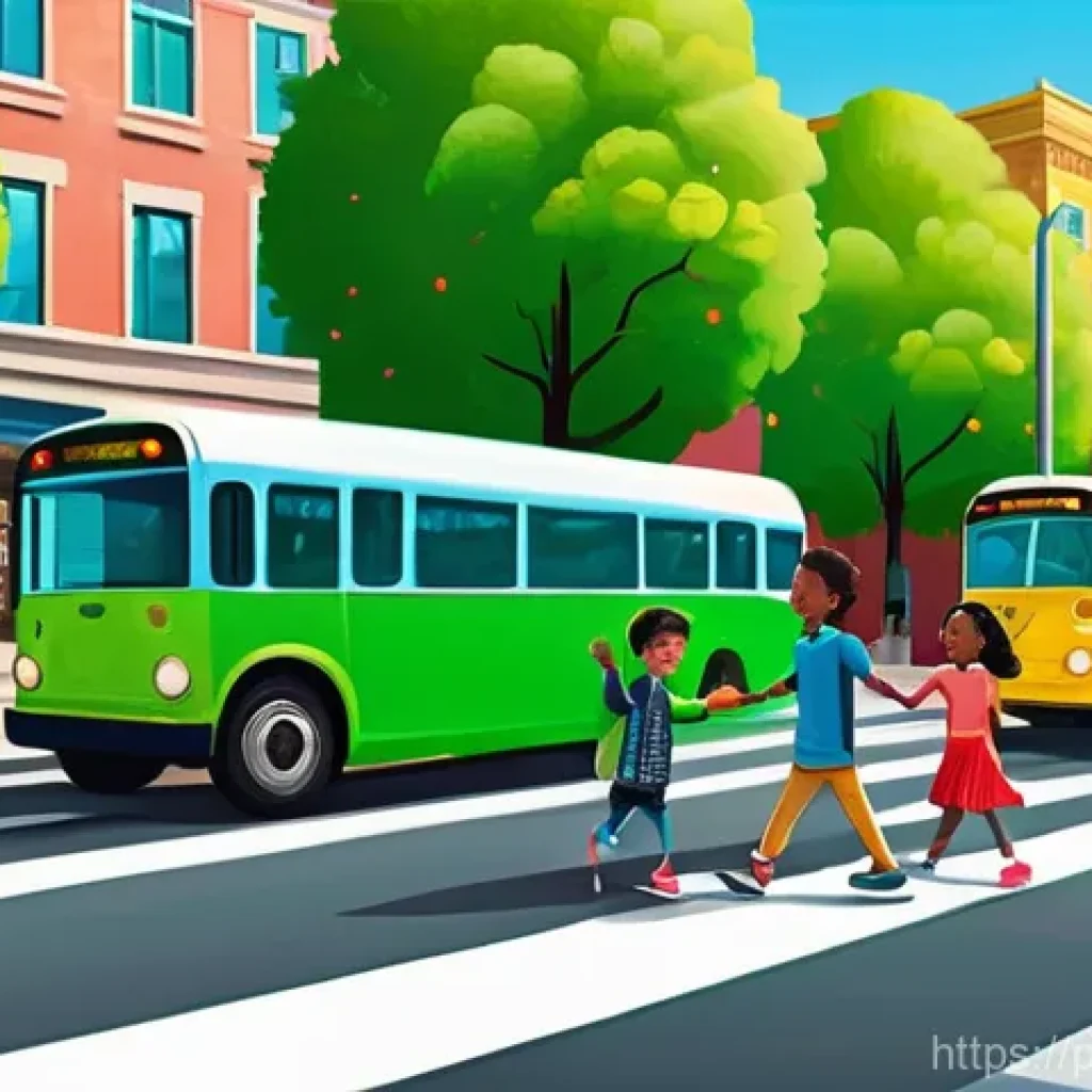타요와 어린이 안전을 주제로 한 콘텐츠 - **Prompt:** A vibrant, animated illustration showing a group of diverse children, aged 5-7, learning...