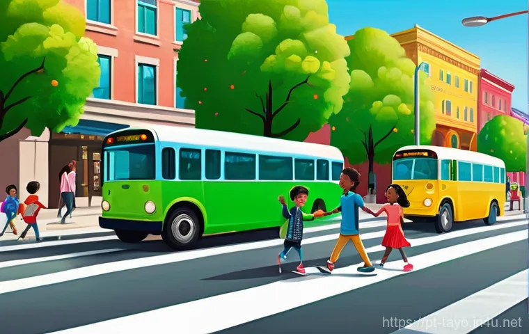 타요와 어린이 안전을 주제로 한 콘텐츠 - **Prompt:** A vibrant, animated illustration showing a group of diverse children, aged 5-7, learning...