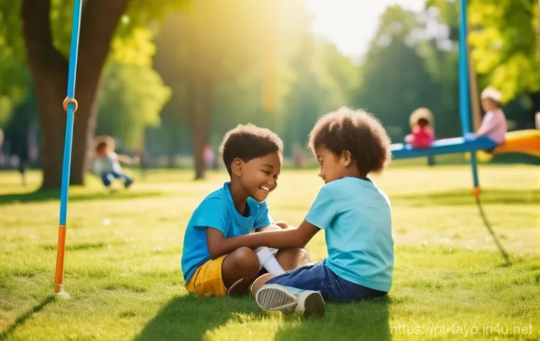 타요의 감정적 교훈 - **Prompt:** A heartwarming scene depicting empathy. A diverse group of children, around 6-8 years ol...
