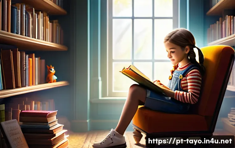 타요 관련 스토리 창작 - **The Young Storyteller's Magical Spark**
A vibrant, whimsical scene featuring an 8-year-old gir...