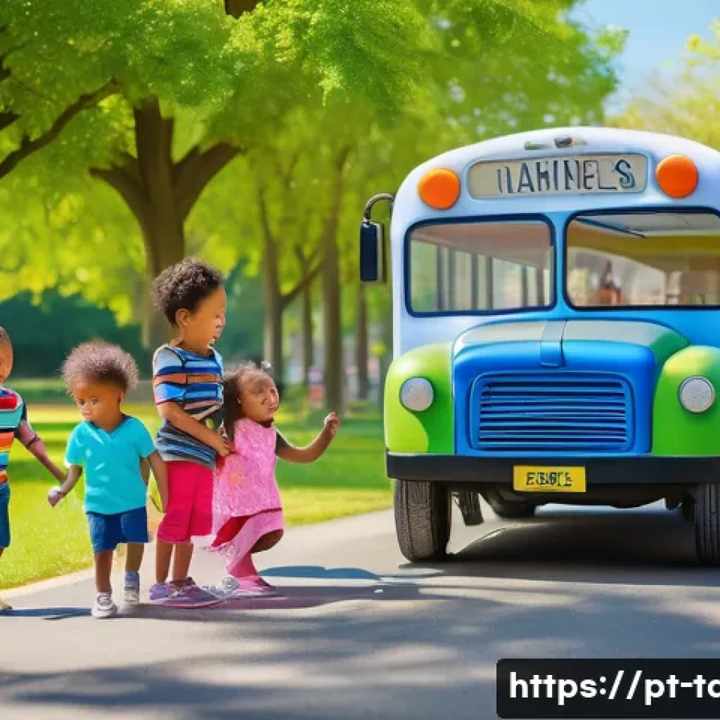 타요의 어린이 놀이 콘텐츠 - A cheerful group of diverse children aged 3 to 6 playing together with colorful toy buses inspired b...