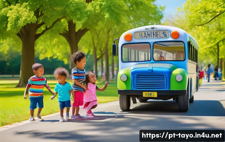 타요의 어린이 놀이 콘텐츠 - A cheerful group of diverse children aged 3 to 6 playing together with colorful toy buses inspired b...