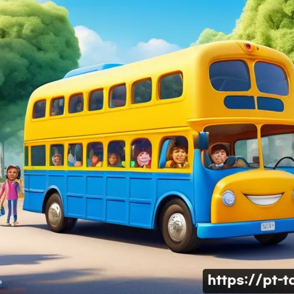타요의 비하인드 장면 - A colorful, friendly animated blue bus character with expressive large eyes and a smiling mouth, wea...