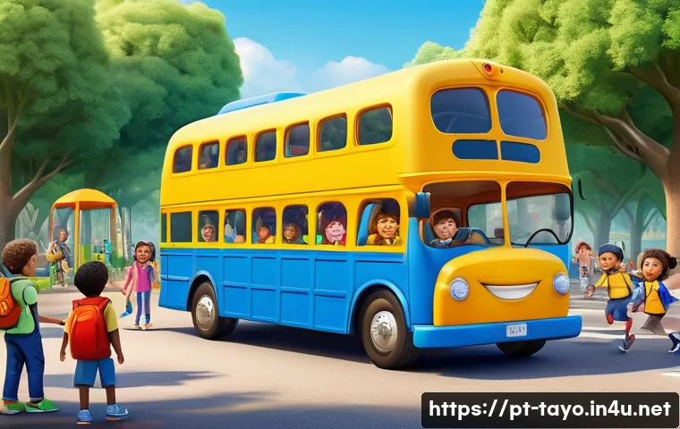 타요의 비하인드 장면 - A colorful, friendly animated blue bus character with expressive large eyes and a smiling mouth, wea...