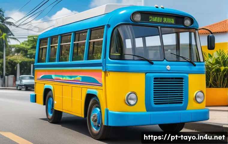 타요 캐릭터 탄생 과정 - A vibrant, friendly blue city bus character inspired by real urban buses in Brazil, featuring smooth...