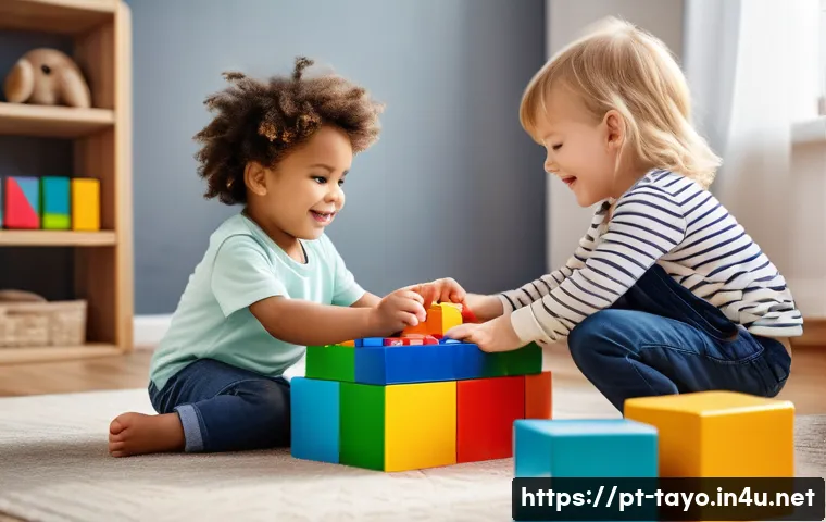 타요 캐릭터 레고 - A joyful scene of young children aged 3 to 5 years playing with large, colorful building blocks feat...