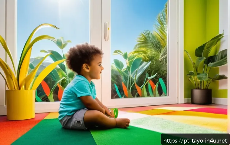 타요와 4차 산업 기술 - A bright, modern playroom in a Brazilian home featuring a young child wearing a colorful diaper, eng...