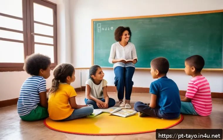 타요와 가족 콘텐츠 - A warm, colorful classroom scene in a Brazilian school setting featuring diverse children aged 6-8 s...