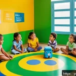Home 21 타요 관련 키즈 콘텐츠 제작 - A vibrant classroom scene in Brazil with young children engaged in an interactive storytelling activ...