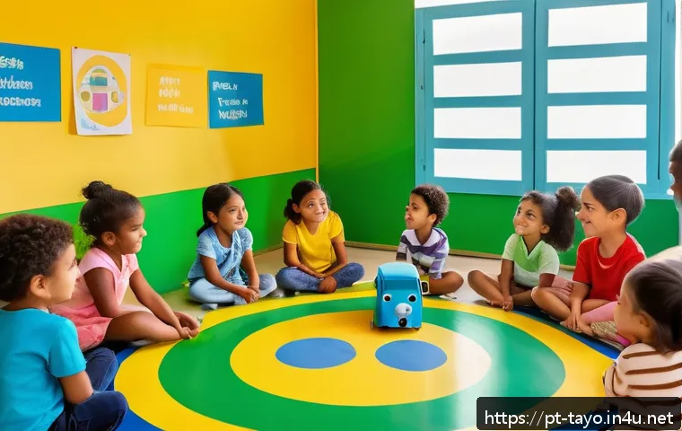 타요 관련 키즈 콘텐츠 제작 - A vibrant classroom scene in Brazil with young children engaged in an interactive storytelling activ...