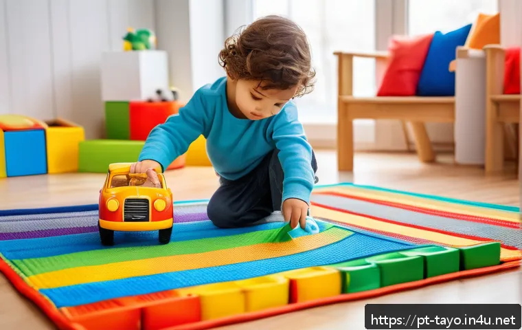 타요 장난감 세트 추천 - A cheerful young child around 3 years old playing with colorful, large plastic Tayo toy buses and fi...