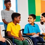 Home 19 타요 관련 사회적 메시지 - A vibrant, colorful classroom scene featuring diverse children of various ethnicities and abilities ...