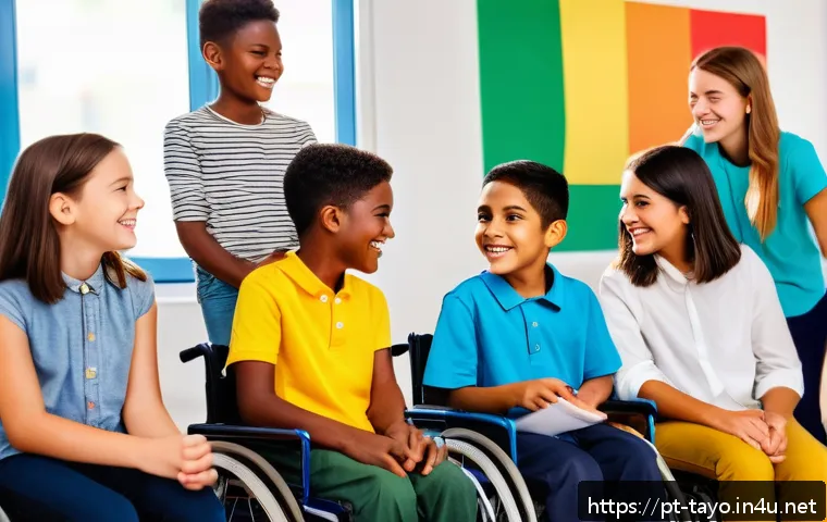 타요 관련 사회적 메시지 - A vibrant, colorful classroom scene featuring diverse children of various ethnicities and abilities ...