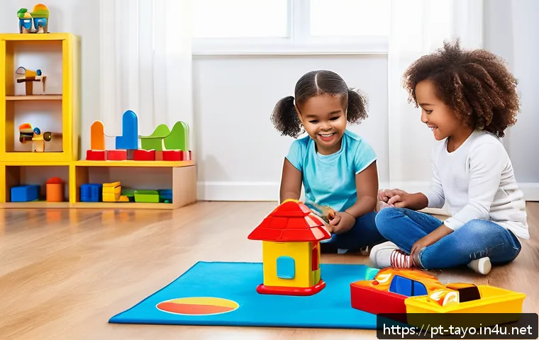 타요의 시장 점유율 - A vibrant and colorful playroom scene featuring children aged 2 to 5 playing with Tayo brand educati...