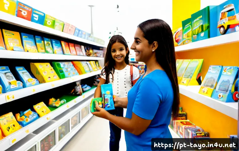 타요의 상품 홍보 사례 - Photorealistic Brazilian family shopping in a bright modern toy store, a cheerful preschool child in...