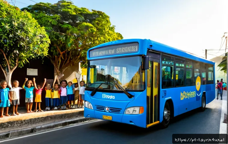 타요의 사회적 영향 - Photorealistic community scene in a Brazilian city neighborhood, a friendly bright blue public bus w...